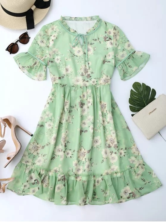 Elegant Ruffles Floral Chiffon Dress