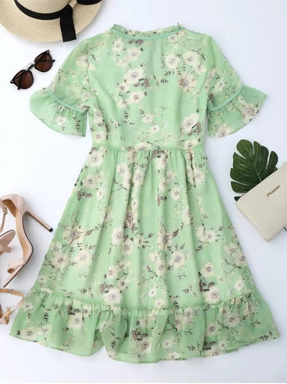 Elegant Ruffles Floral Chiffon Dress