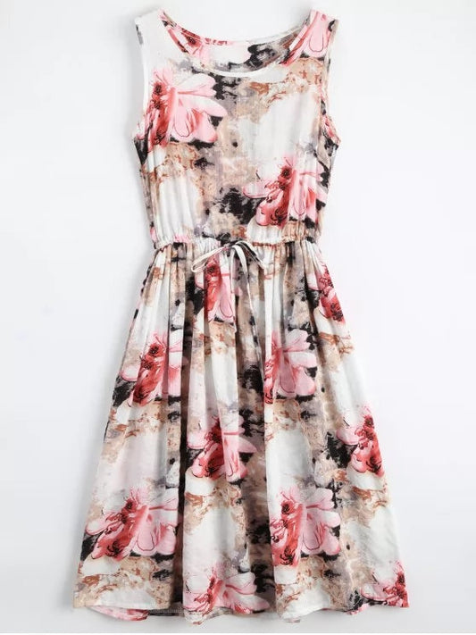 Midi Sleeveless Drawstring Floral Dress