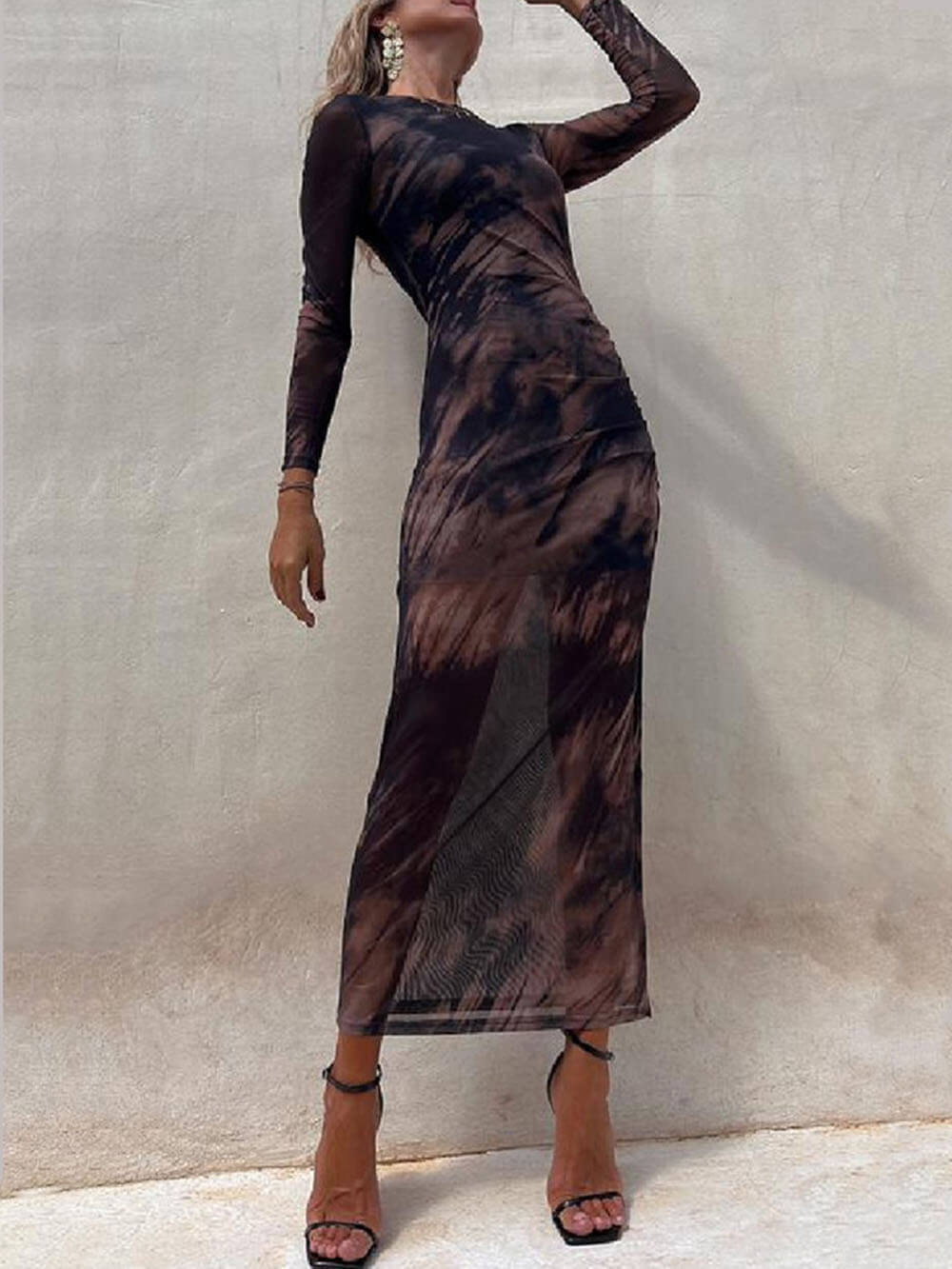 Charm Lady Mesh Overlay Tie Dye Modern Print Long Sleeve Ruched Stretch Midi Dress