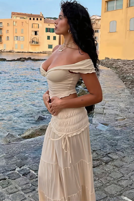 Solid Ruched Crop Top Flared Skirt Set