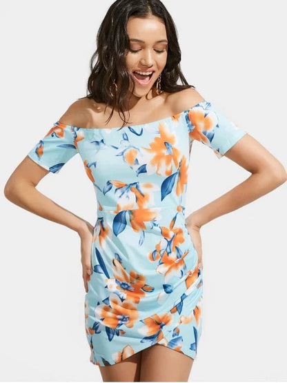 Off The Shoulder Floral Print Ruched Dress