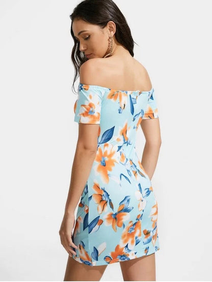 Off The Shoulder Floral Print Ruched Dress