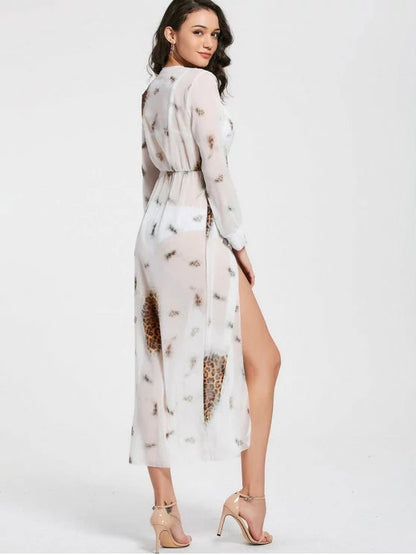 Leopard Print High Slit Chiffon Maxi Club Dress