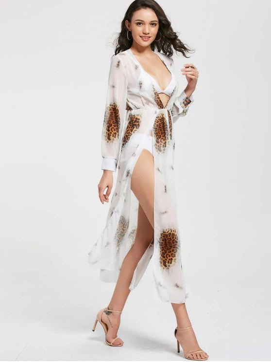 Leopard Print High Slit Chiffon Maxi Club Dress