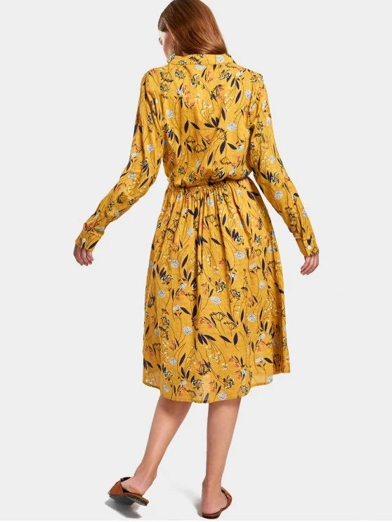 Drawstring Waist Long Sleeve Floral Dress