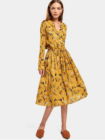 Drawstring Waist Long Sleeve Floral Dress