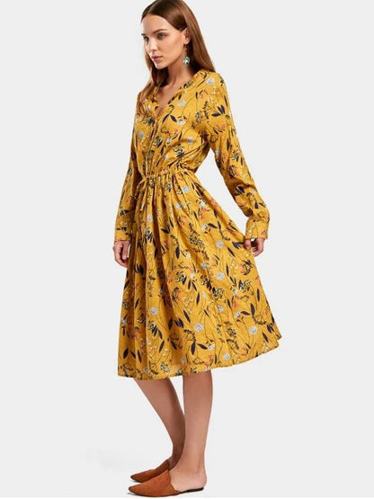 Drawstring Waist Long Sleeve Floral Dress