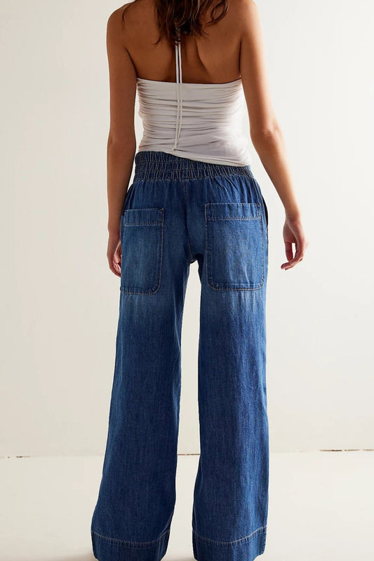 Elastic Waist Mid Rise Ruched Loose Wide Leg Jeans