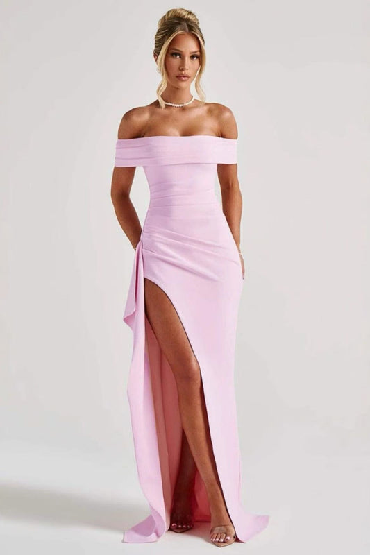 Off Shoulder Slit Party Formal Dress S / Pink