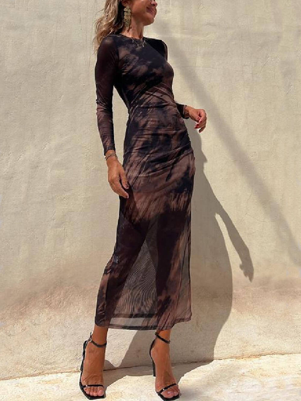 Charm Lady Mesh Overlay Tie Dye Modern Print Long Sleeve Ruched Stretch Midi Dress