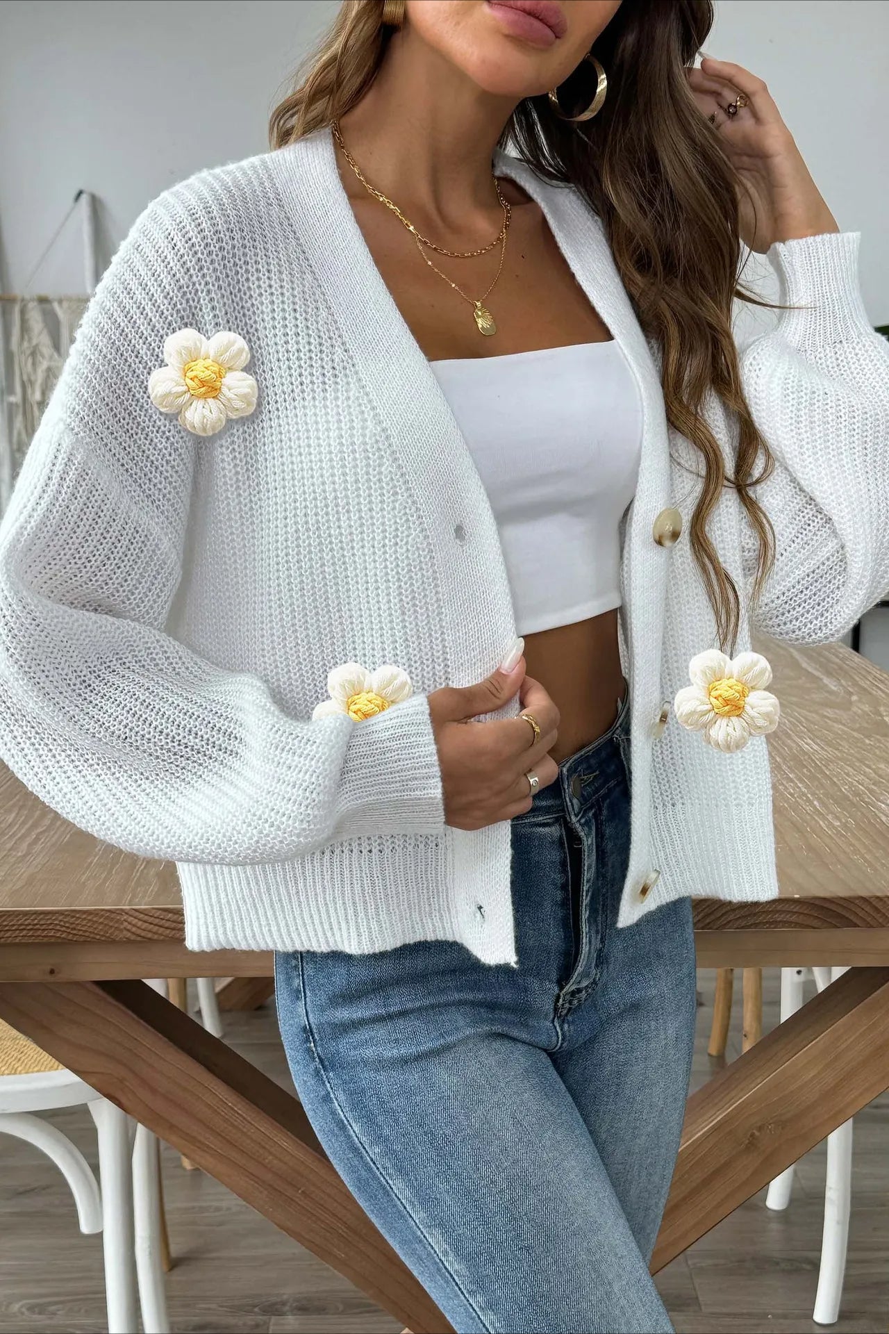 Short Floral Knit Long Sleeve Cardigan