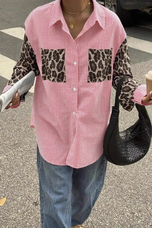 Chemisier décontracté à manches longues et imprimé léopard à rayures