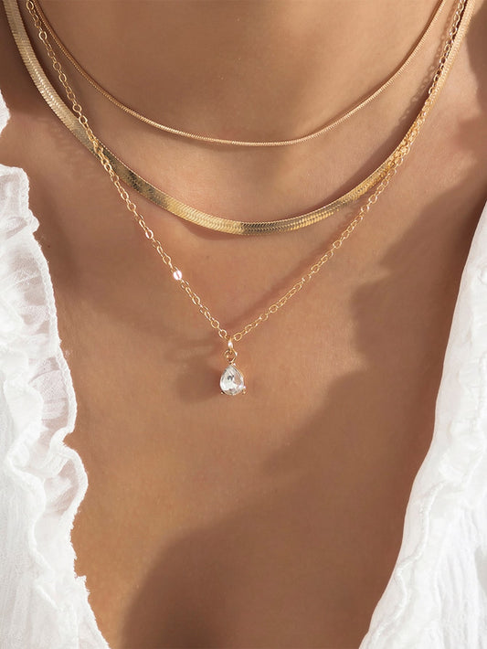 3pcs Rhinestone Water-drop Charm Necklace