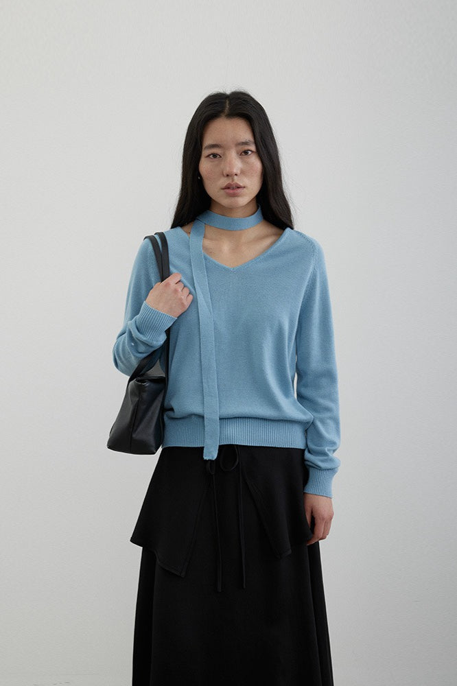 Wool V-Neck Oversized Long-Sleeve Knit Top