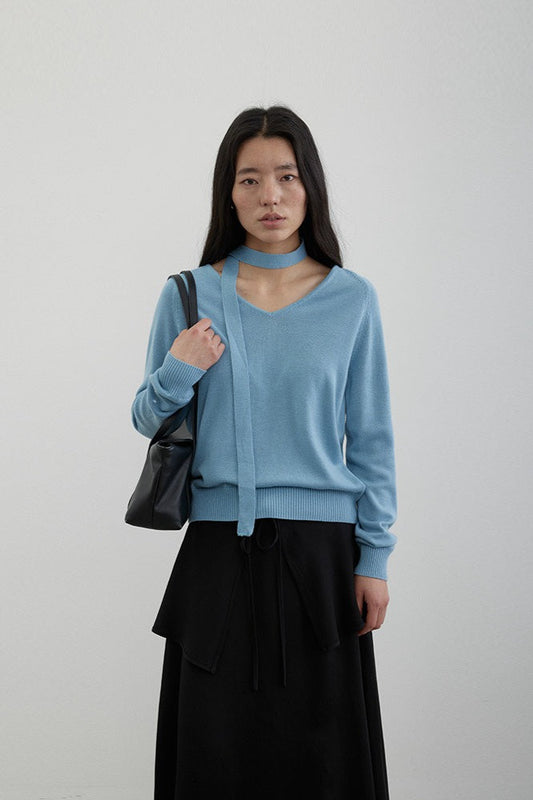 Wool V-Neck Oversized Long-Sleeve Knit Top