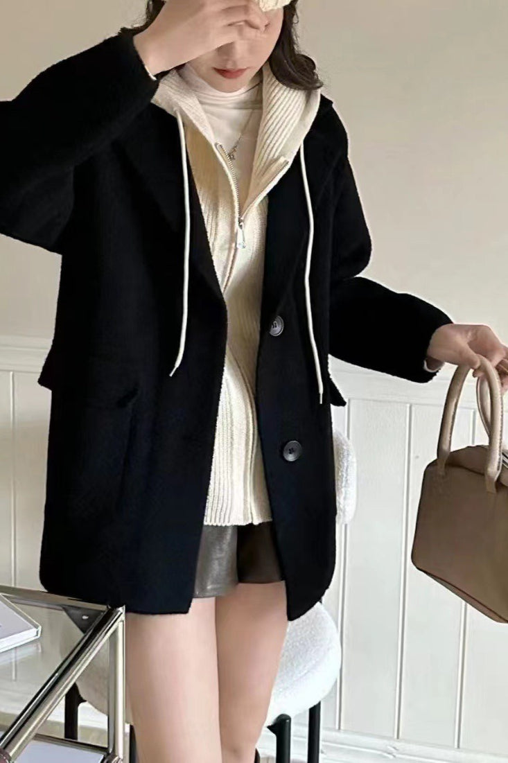 Layered-Look Wool Blend Loose Slim-Fit Knit Cardigan Coat