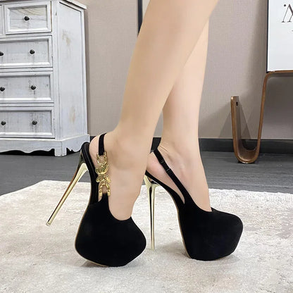 16CM Thin High Heels Women's Banquet Prom Shoes Waterproof Platform Bow Metal Buckle Slingback Stage Walk Pumps