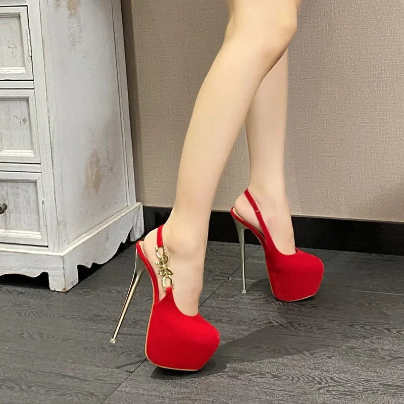 16CM Thin High Heels Banquet Prom Waterproof Platform Shallow Bow Metal Buckle Slingback High Heel