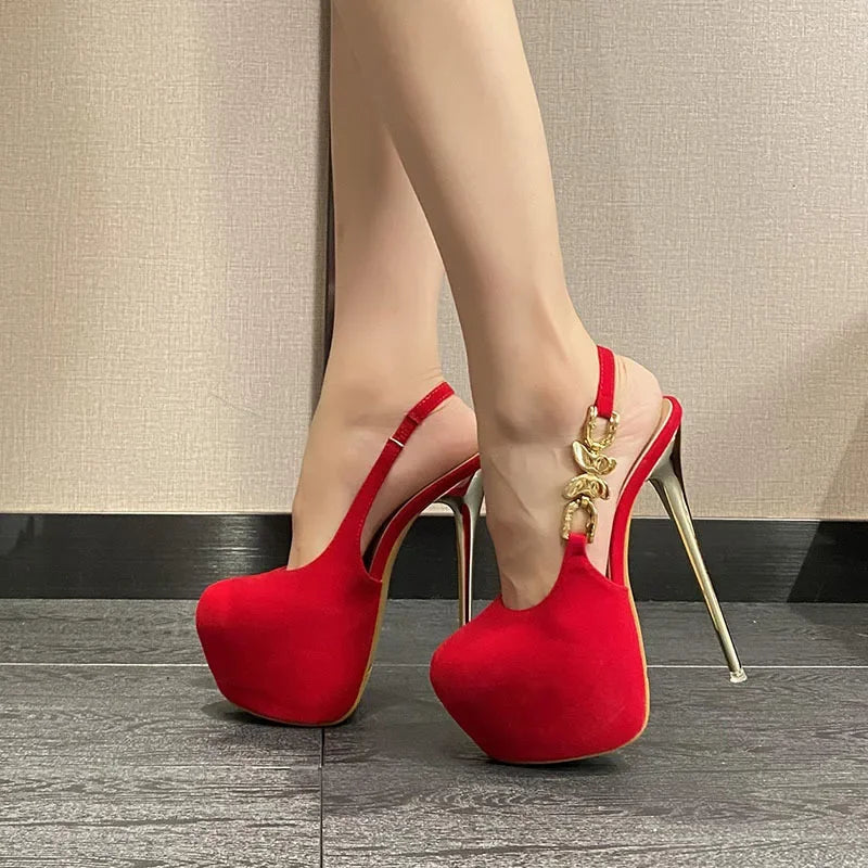 16CM Thin High Heels Banquet Prom Waterproof Platform Shallow Bow Metal Buckle Slingback High Heel