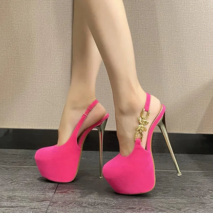 16CM Thin High Heels Banquet Prom Waterproof Platform Shallow Bow Metal Buckle Slingback High Heel