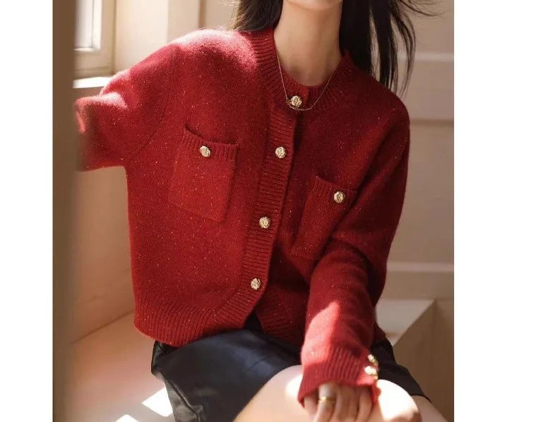 Solid Color Office Lady O-neck Cardigan