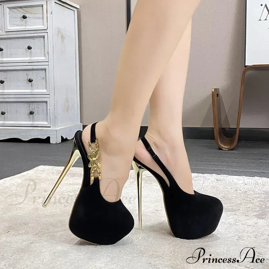 16Cm Thin High Heels Banquet Prom Waterproof Platform Shallow Bow Metal Buckle Slingback Heel Black