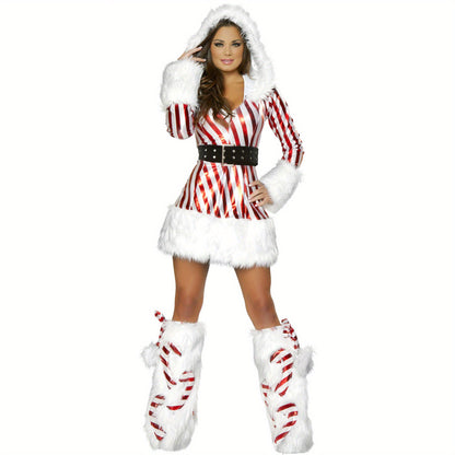 Long Sleeve Hooded Striped Patchwork Dress with Belt and Leg Warmers Christmas Costume