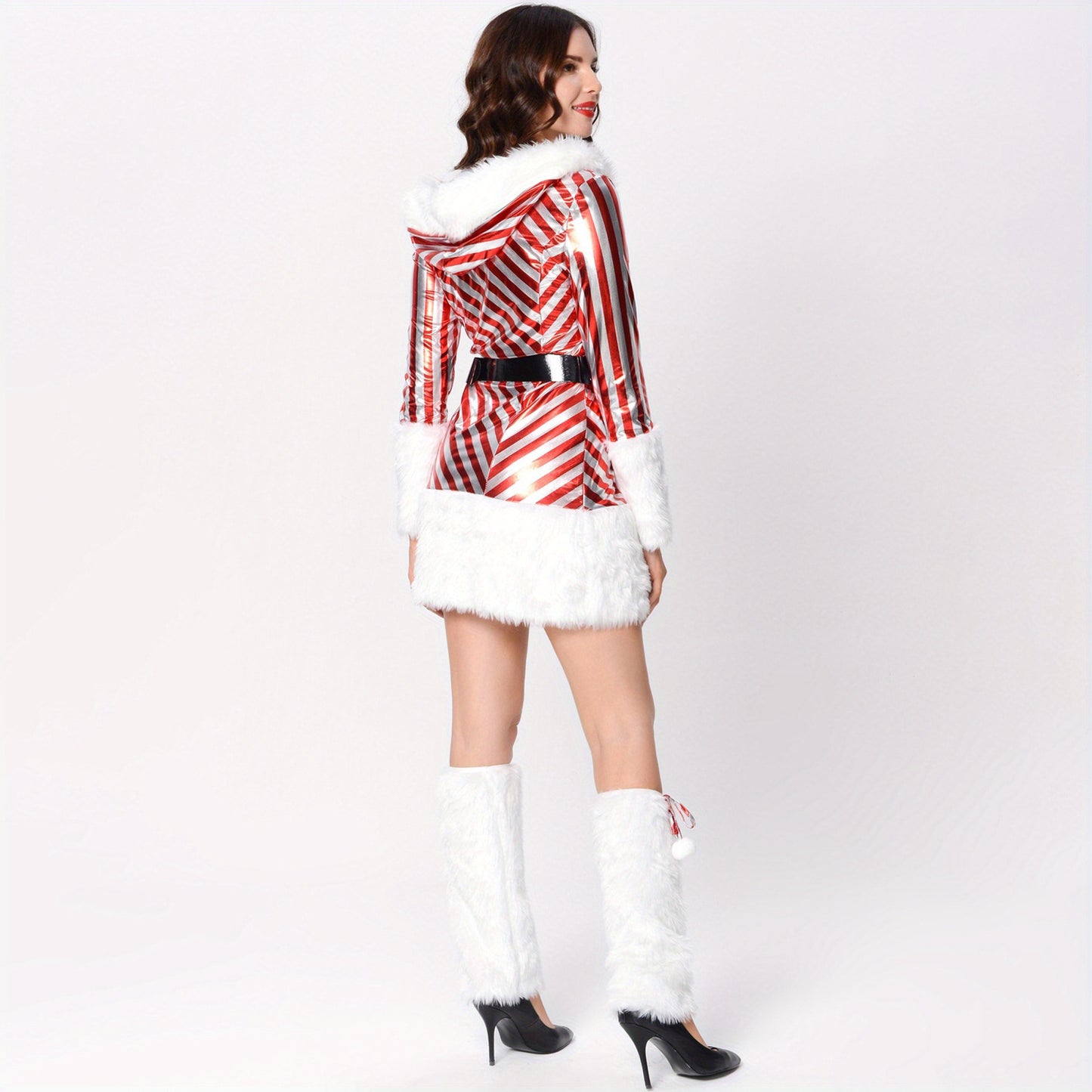 Long Sleeve Hooded Striped Patchwork Dress with Belt and Leg Warmers Christmas Costume