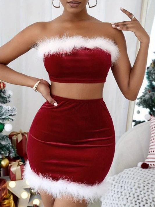 Contrast Color Crop Tube Tops and Bodycon Mini Skirt Christmas Costume