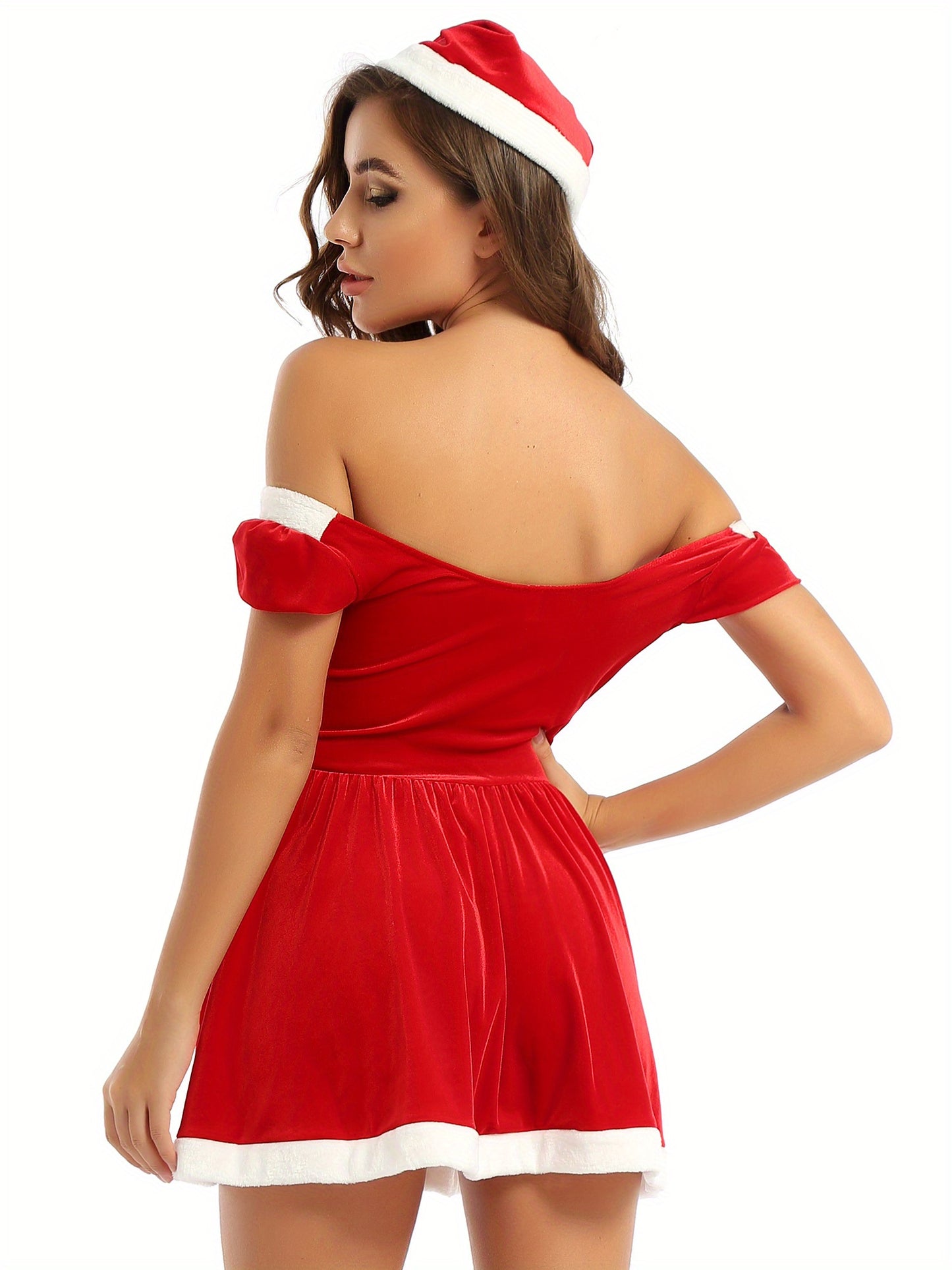 Festive Red Velvet Santa Dress with Off-the-Shoulder Design Christmas Costume