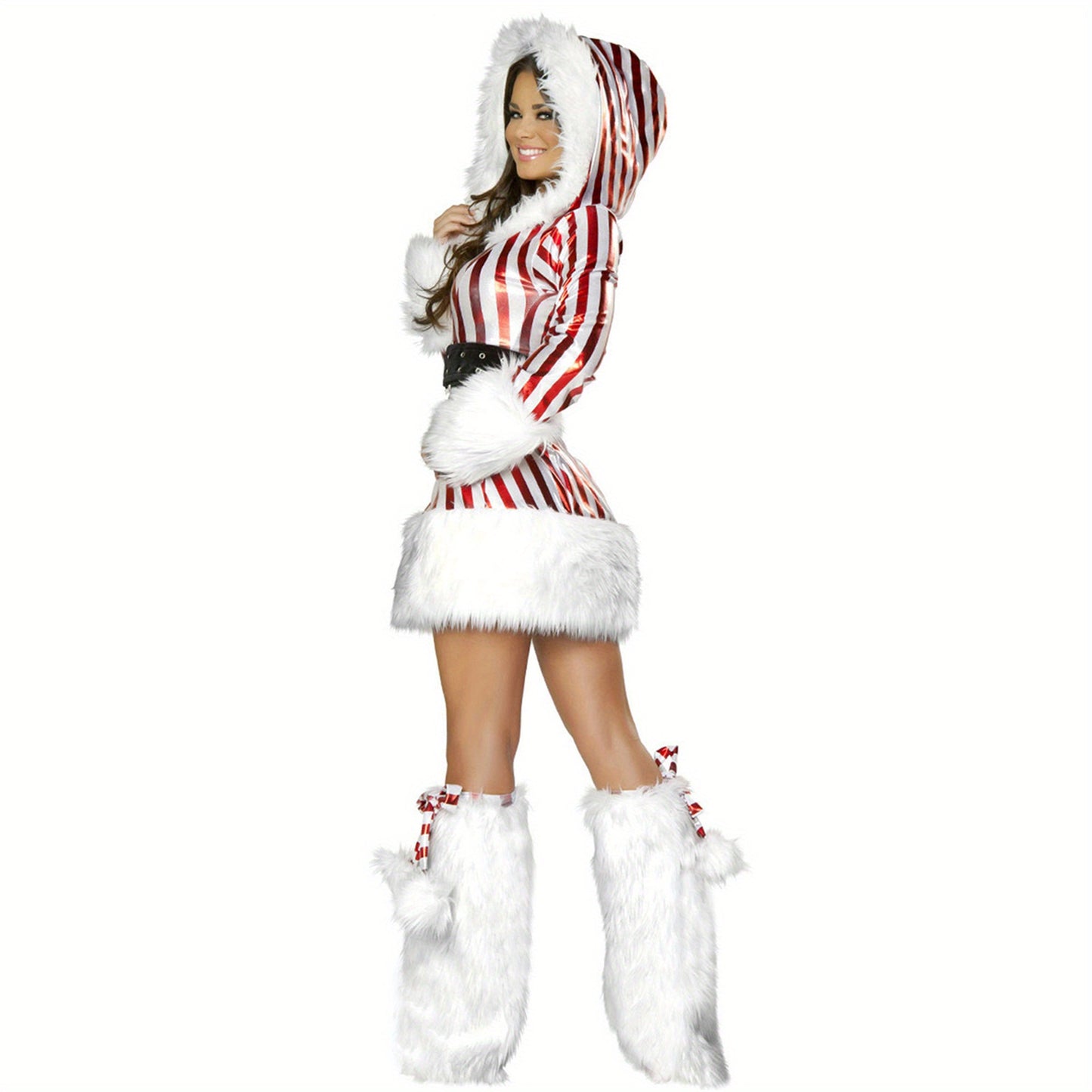 Long Sleeve Hooded Striped Patchwork Dress with Belt and Leg Warmers Christmas Costume