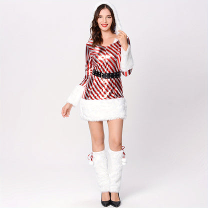 Long Sleeve Hooded Striped Patchwork Dress with Belt and Leg Warmers Christmas Costume