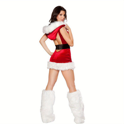 Deluxe Mrs. Claus Hooded Dress with Leg Warmers Set for Christmas Costume