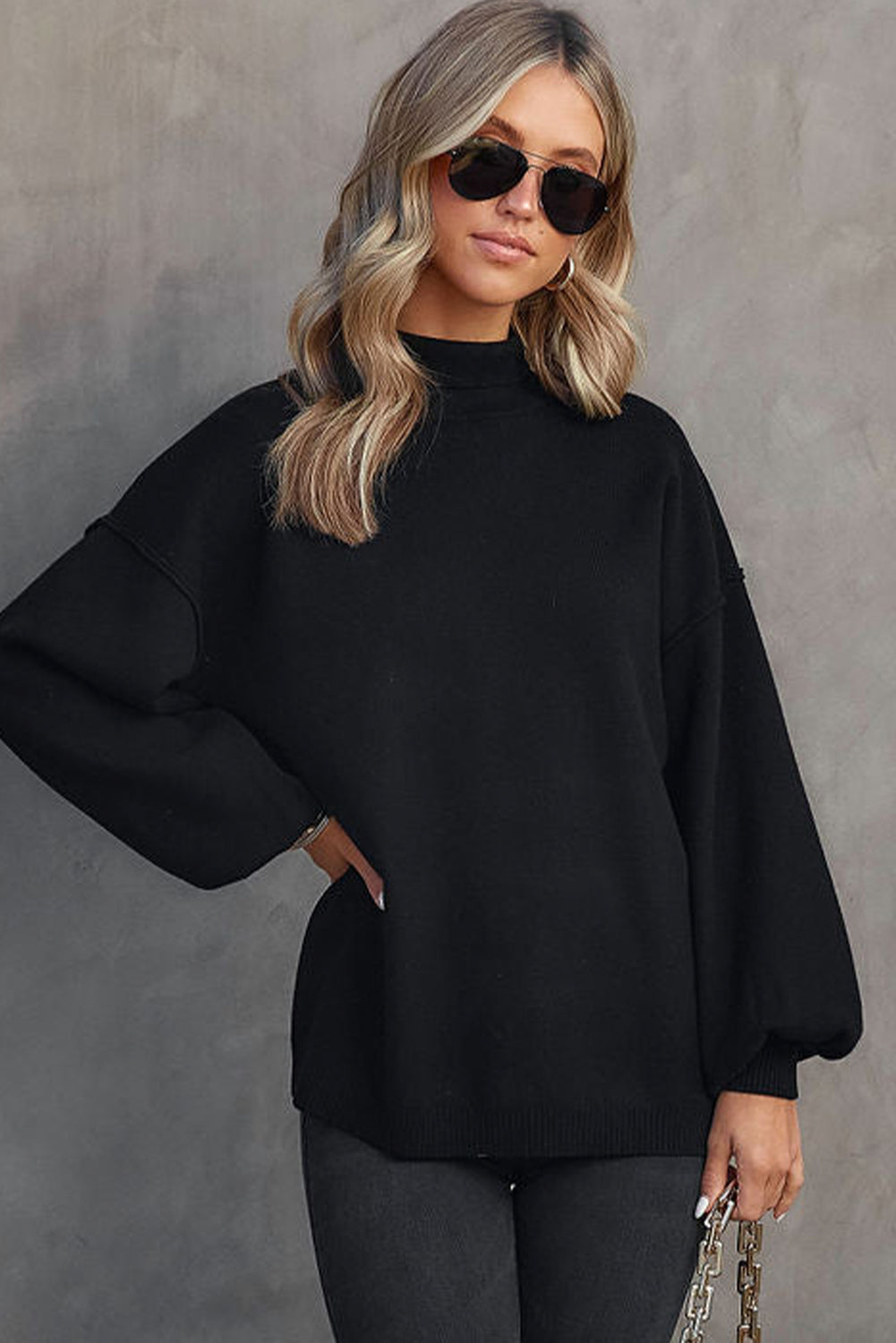 Shoulder Arm Turtleneck Knit Bubble Sweater Drop in Black