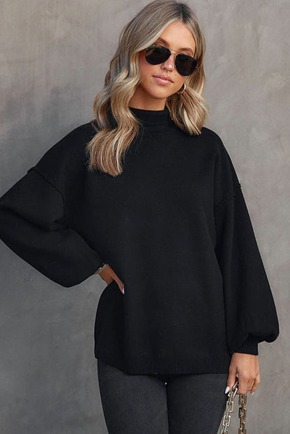 Shoulder Arm Turtleneck Knit Bubble Sweater Drop in Black