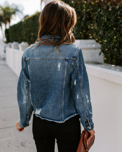 Pocketed Distressed Denim Jacket - Night Rider