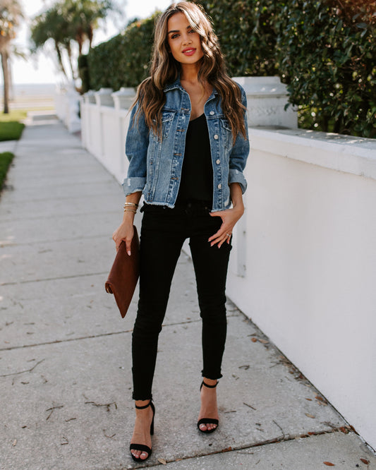 Pocketed Distressed Denim Jacket - Night Rider