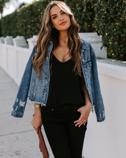 Pocketed Distressed Denim Jacket - Night Rider