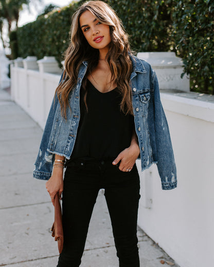 Pocketed Distressed Denim Jacket - Night Rider