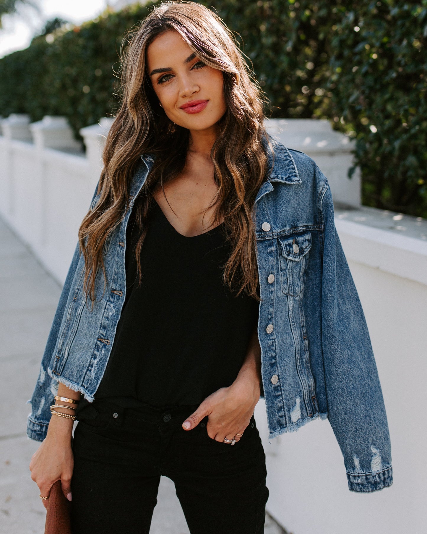 Pocketed Distressed Denim Jacket - Night Rider