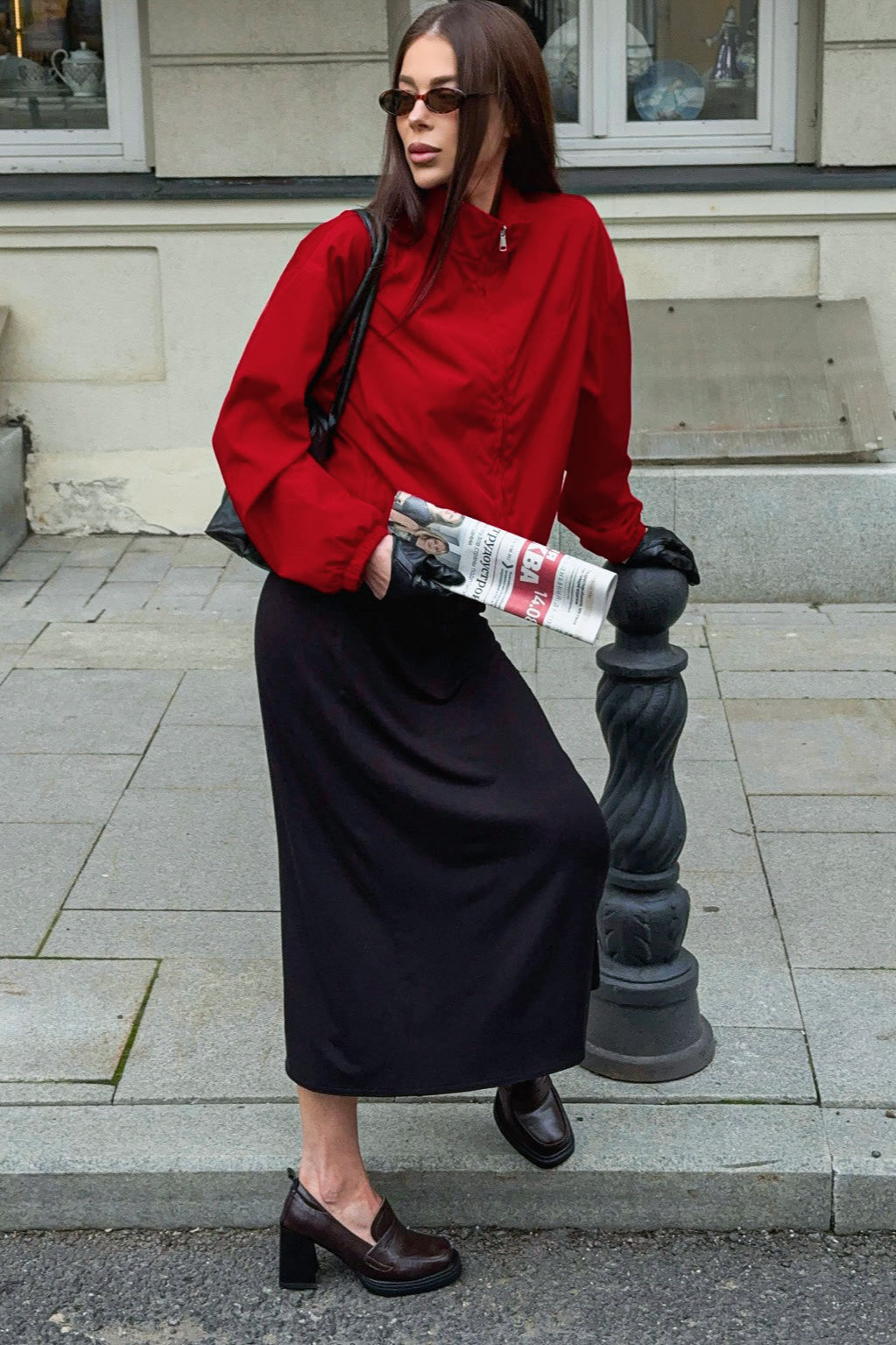 Red Stand Collar Zip Windproof Coat
