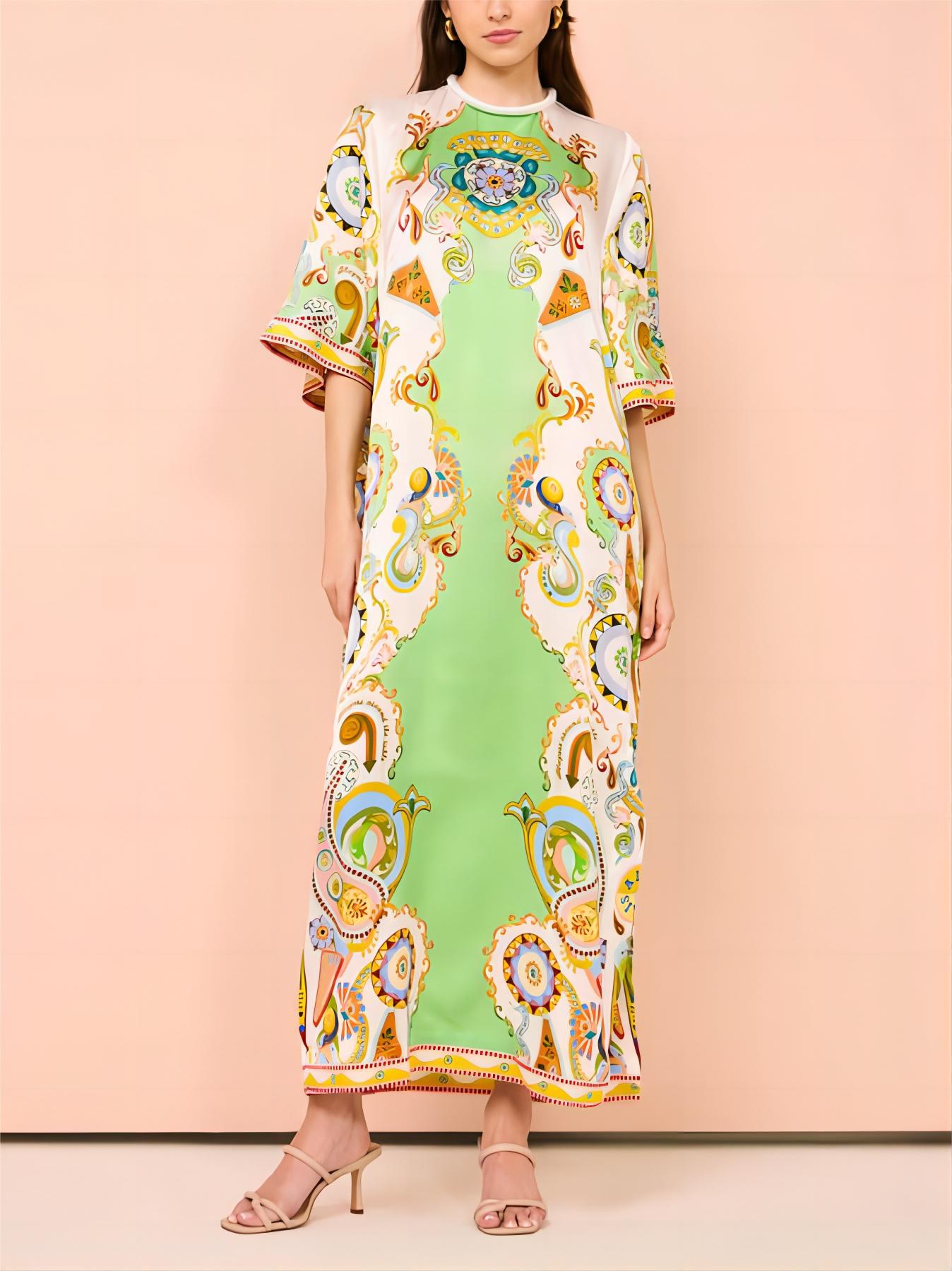 Unique Cashew Floral Charming Print Loose Midi Dress