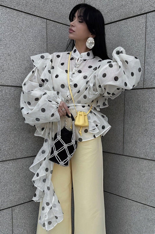 Dot Ruffled Tie Stand Collar Blouse