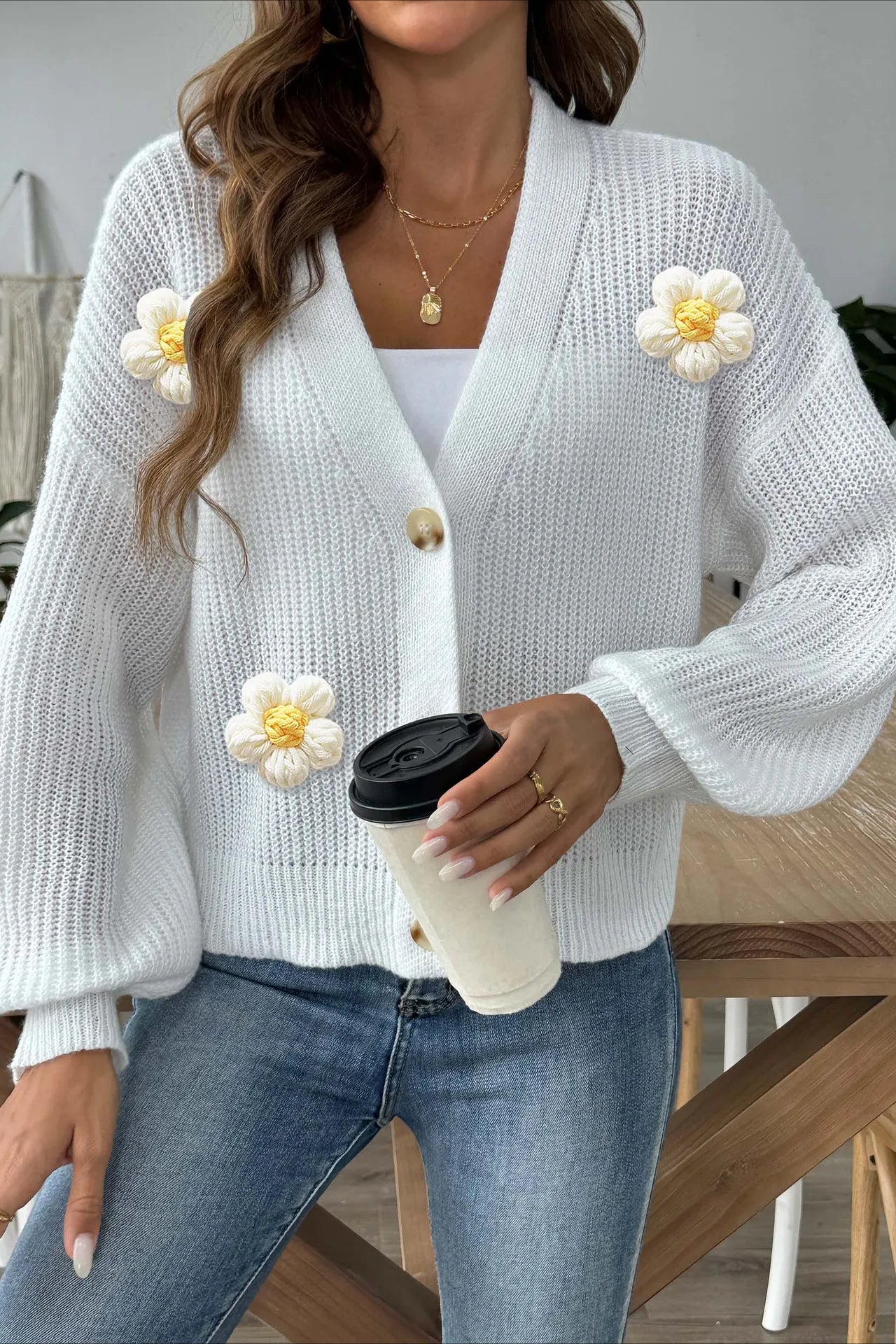 Short Floral Knit Long Sleeve Cardigan