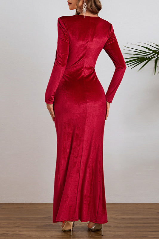 Velvet Long Sleeve Slit Elegant Party Dress