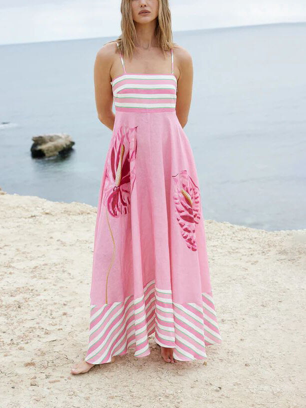 Floral Print Paneled Charming Striped Suspender Mixi Dress Dresses