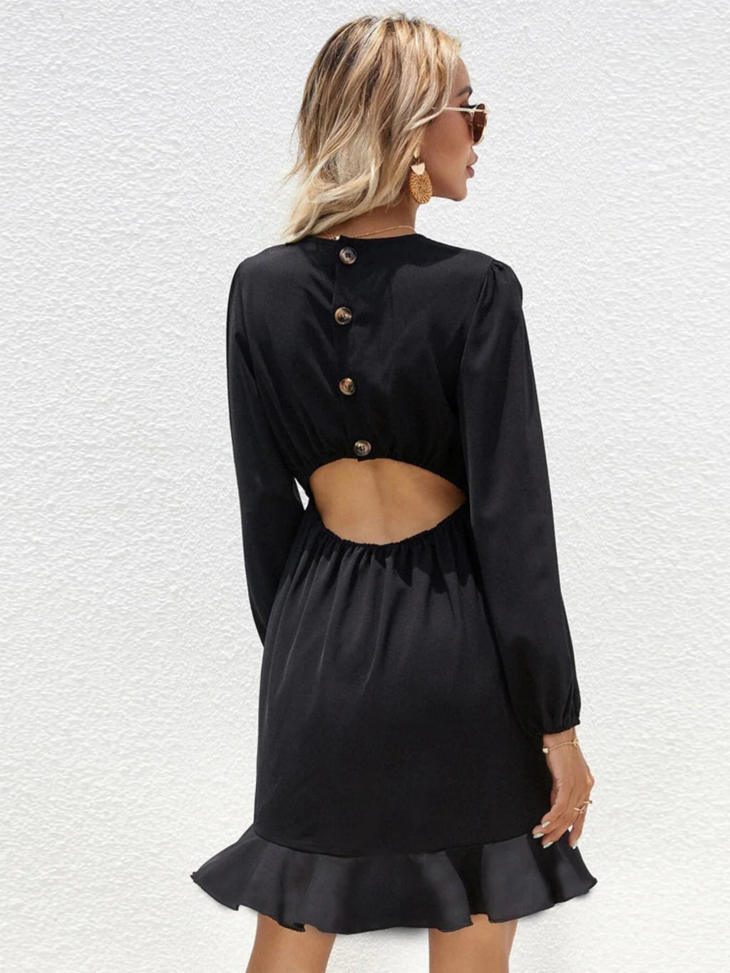 Ruffled Long-Sleeved Dress - Black