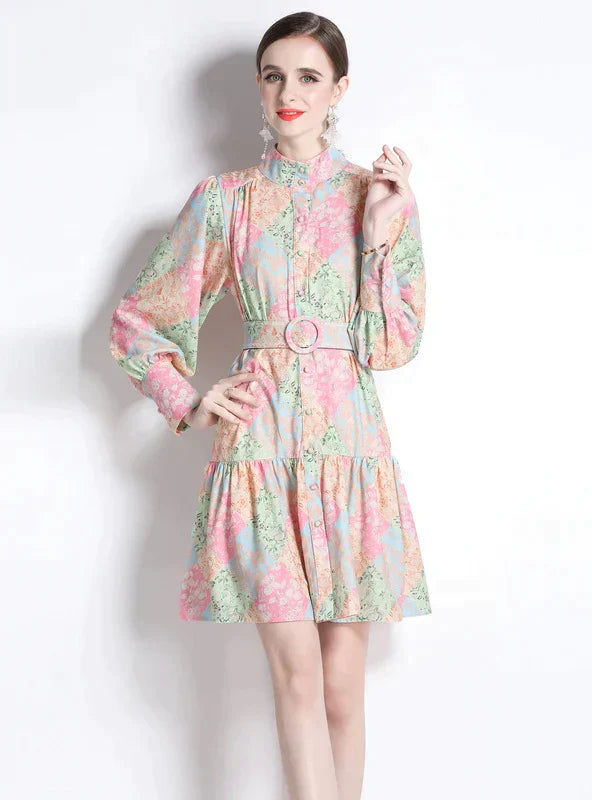 Retro Dress with Stitching Print and Long Sleeves