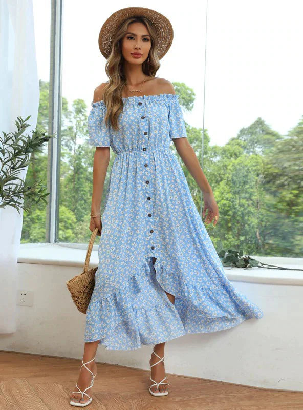 Short-Sleeve Printed Dress with Irregular Pattern